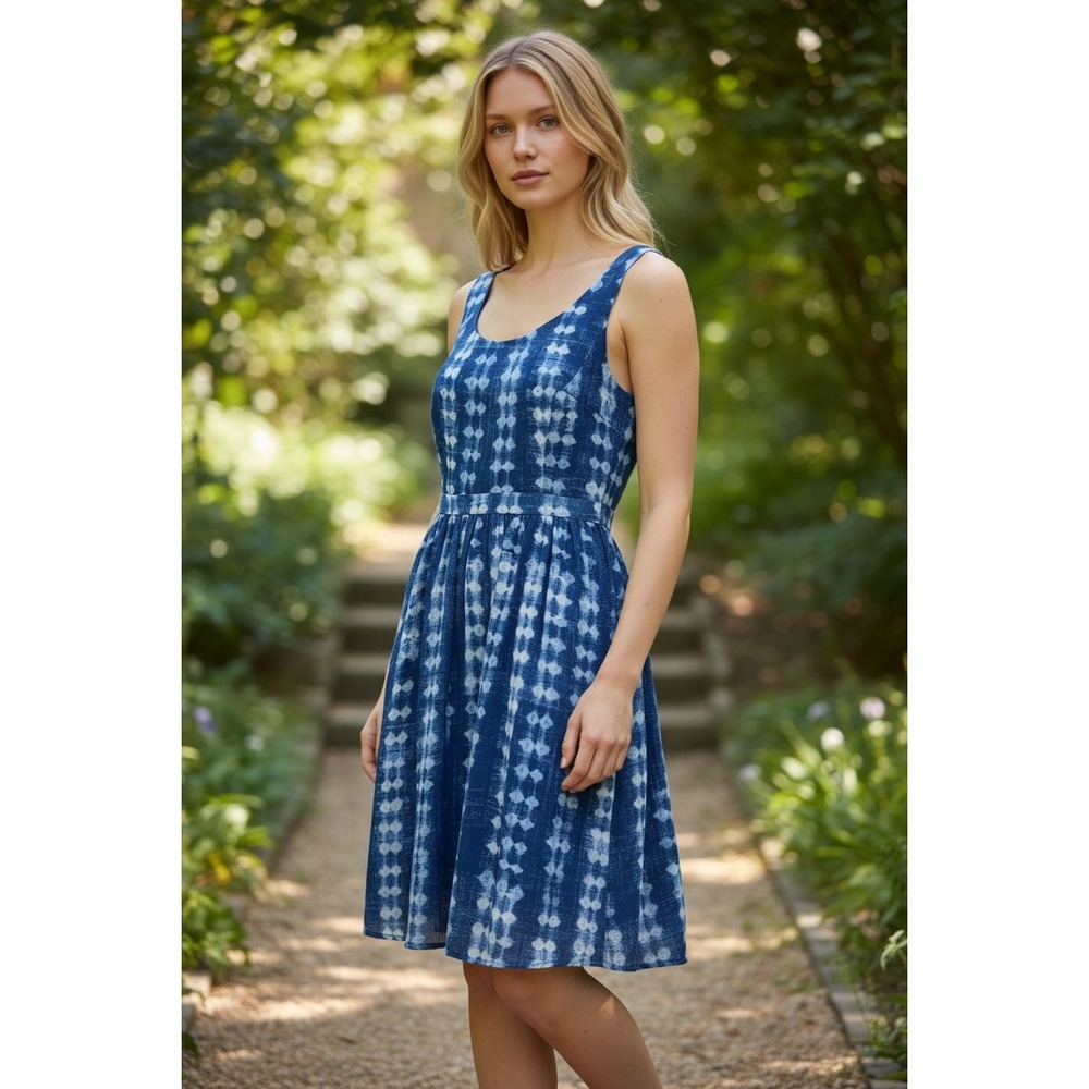 ModCloth Fit‎ and Flare Dress Women S Blue Geometric Sleeveless Pockets Retro